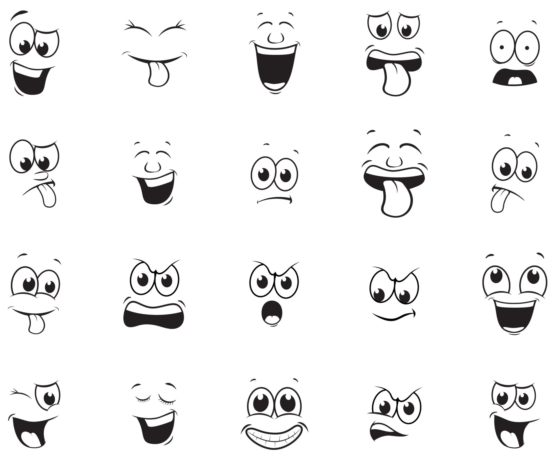 rostos de desenhos animados. boca e olhos expressivos, sorriso, choro e  expressões faciais de personagens surpresos. emoções em quadrinhos da  caricatura ou doodle emoticon. conjunto de ícones de ilustração vetorial  isolado 7955793